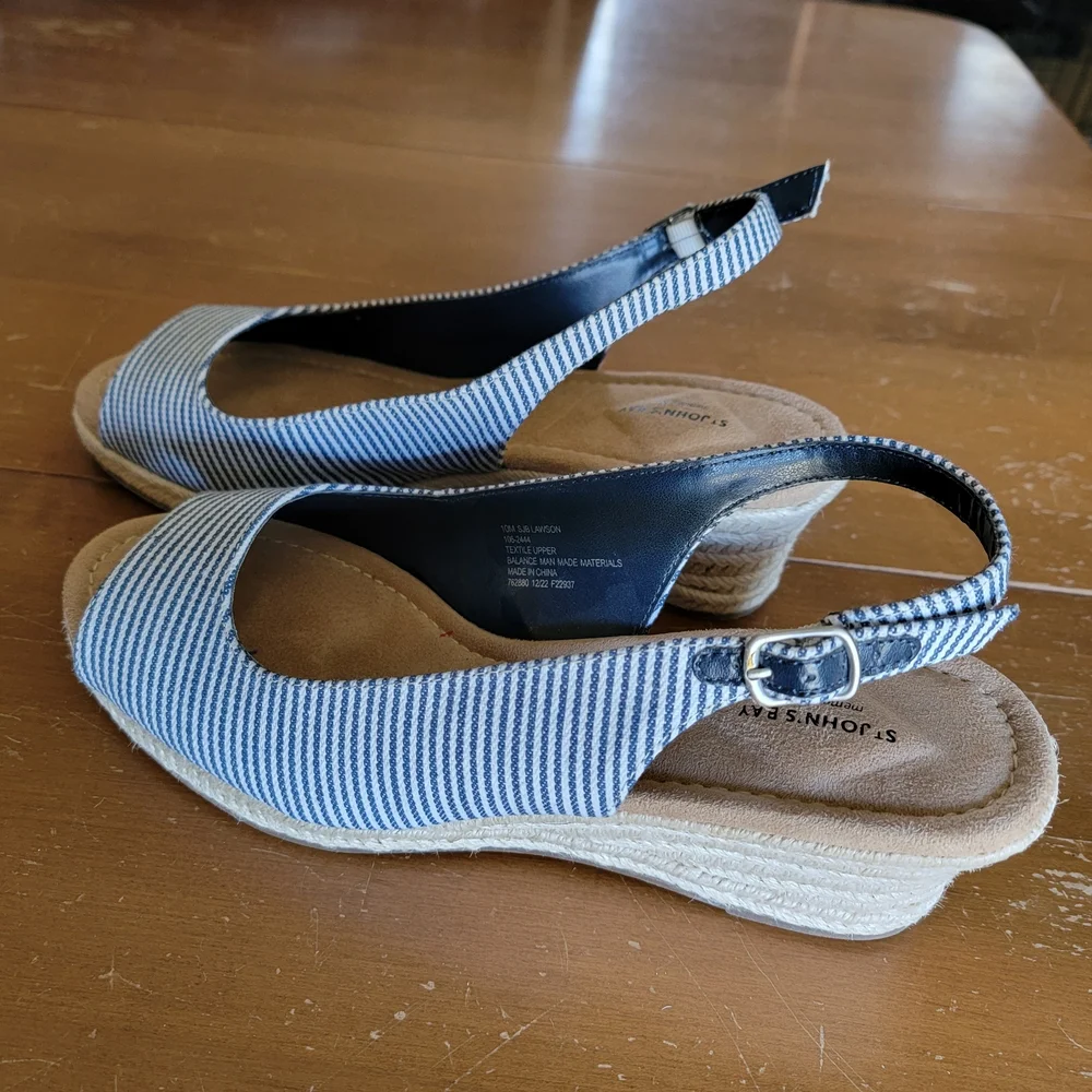 St John's Bay Blue Striped Lawson Wedge Open Toe Sandals Size 10